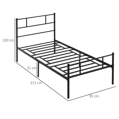 1x2m Steel Single Bed Frame, Single Slatted Frame with Integrated Slats, Headboard and Footboard Industrial Style, Black