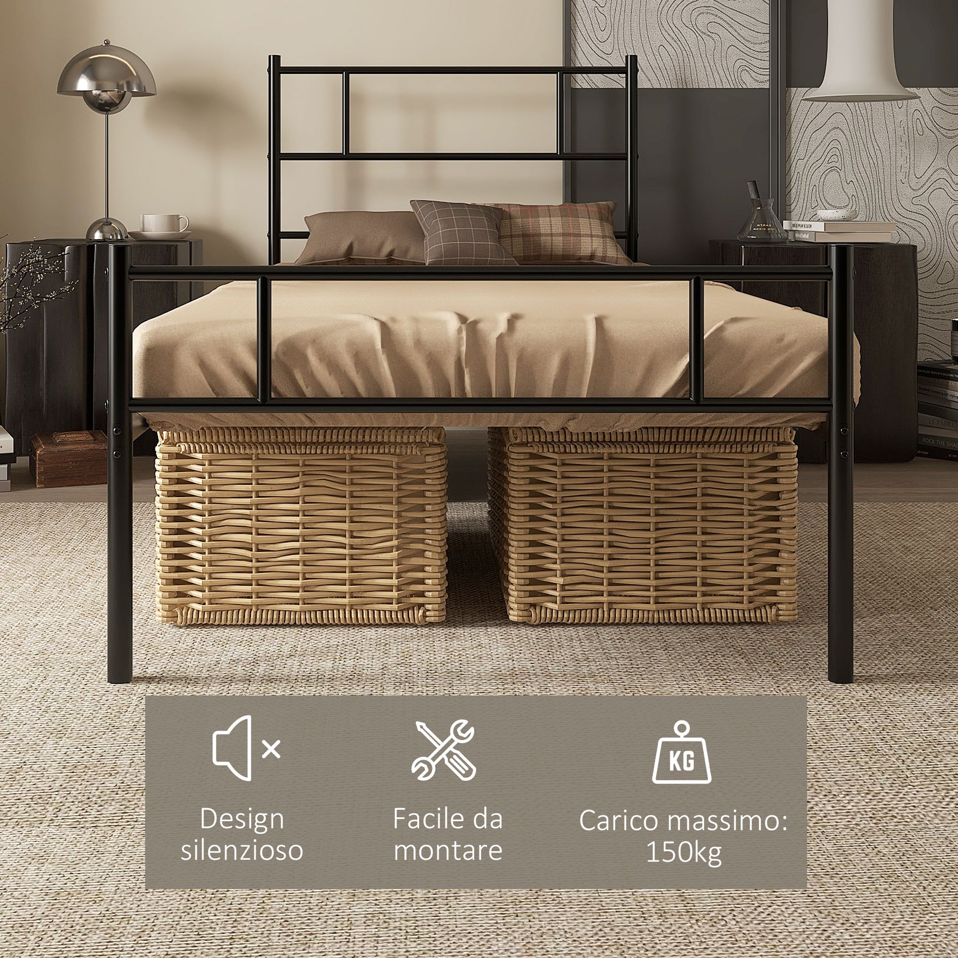 1x2m Steel Single Bed Frame, Single Slatted Frame with Integrated Slats, Headboard and Footboard Industrial Style, Black