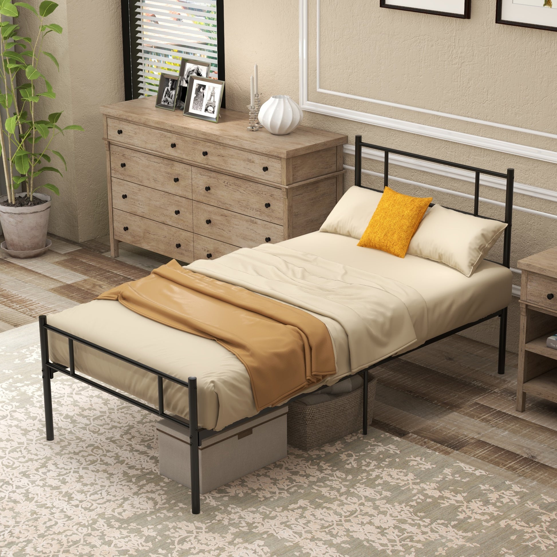 1x2m Steel Single Bed Frame, Single Slatted Frame with Integrated Slats, Headboard and Footboard Industrial Style, Black