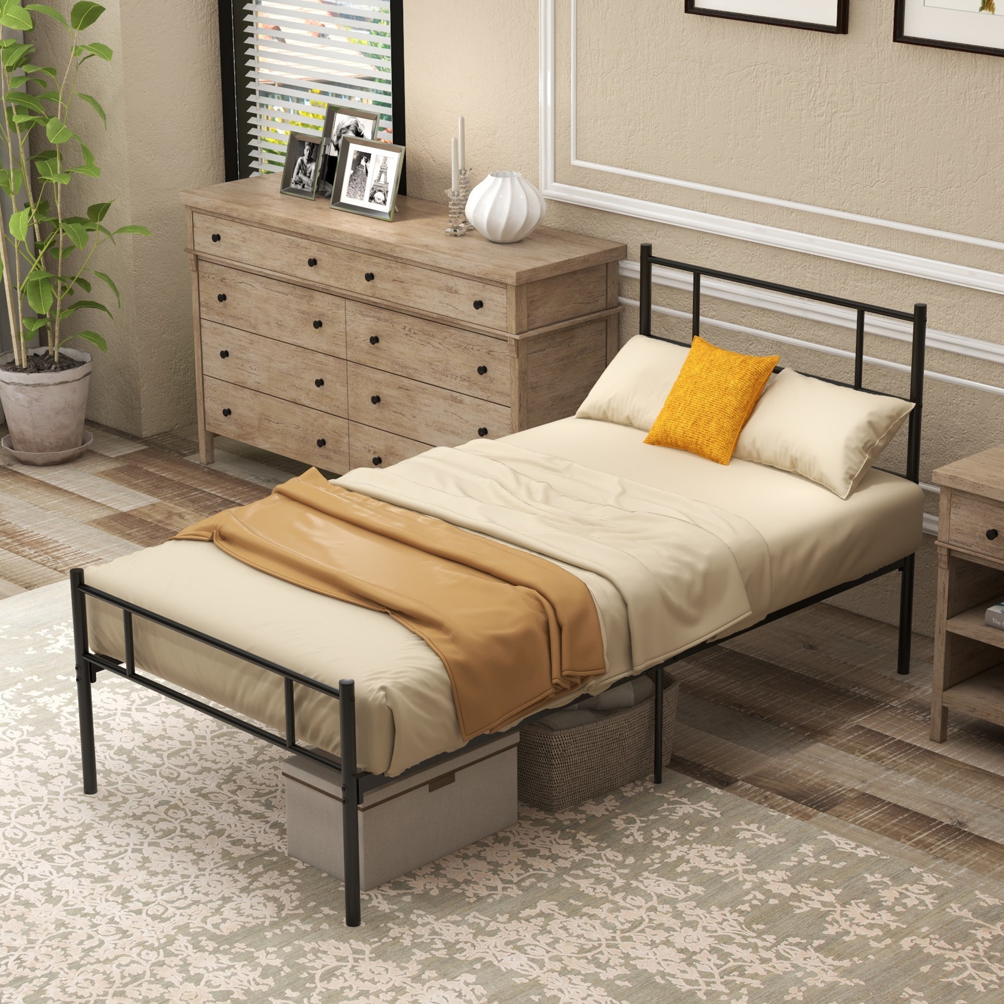 1x2m Steel Single Bed Frame, Single Slatted Frame with Integrated Slats, Headboard and Footboard Industrial Style, Black