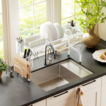 Over Sink Dish Drying Rack 2 Tier Steel Dish Drainer with Cutting Board Holder Cutlery Organizer 100x30x54.5 cm White