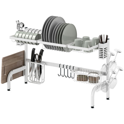 Over Sink Dish Drying Rack 2 Tier Steel Dish Drainer with Cutting Board Holder Cutlery Organizer 100x30x54.5 cm White