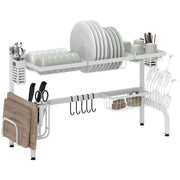 Over Sink Dish Drying Rack 2 Tier Steel Dish Drainer with Cutting Board Holder Cutlery Organizer 100x30x54.5 cm White