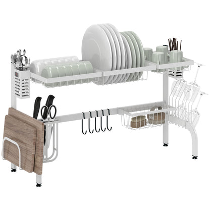 Over Sink Dish Drying Rack 2 Tier Steel Dish Drainer with Cutting Board Holder Cutlery Organizer 100x30x54.5 cm White