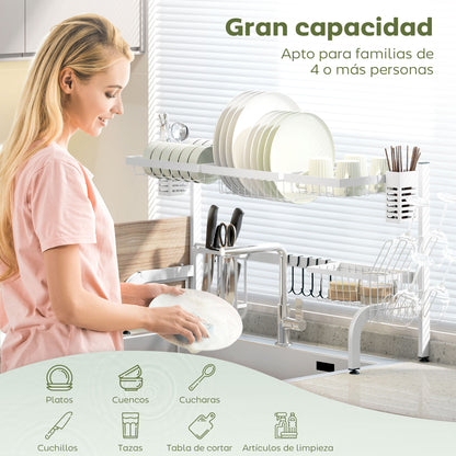 Over Sink Dish Drying Rack 2 Tier Steel Dish Drainer with Cutting Board Holder Cutlery Organizer 100x30x54.5 cm White