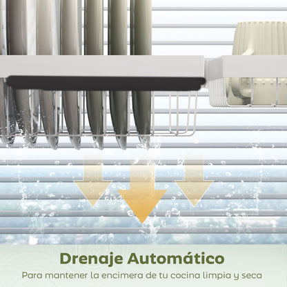 Over Sink Dish Drying Rack 2 Tier Steel Dish Drainer with Cutting Board Holder Cutlery Organizer 100x30x54.5 cm White