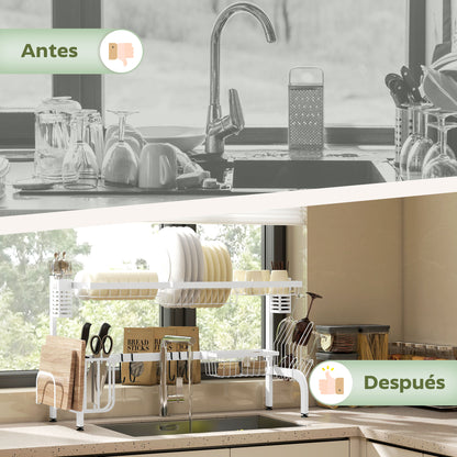 Over Sink Dish Drying Rack 2 Tier Steel Dish Drainer with Cutting Board Holder Cutlery Organizer 100x30x54.5 cm White