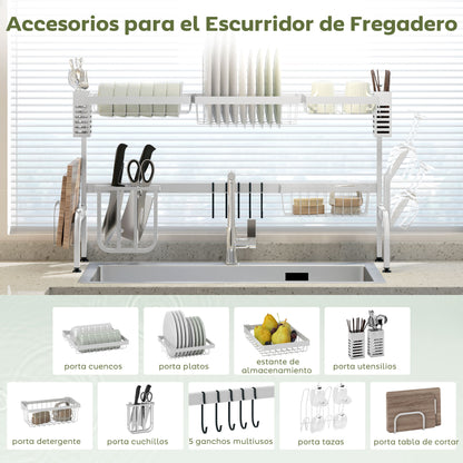 Over Sink Dish Drying Rack 2 Tier Steel Dish Drainer with Cutting Board Holder Cutlery Organizer 100x30x54.5 cm White