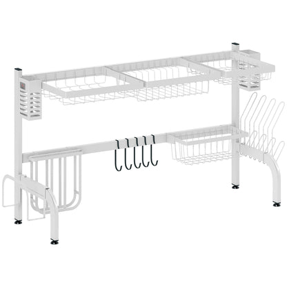 Over Sink Dish Drying Rack 2 Tier Steel Dish Drainer with Cutting Board Holder Cutlery Organizer 100x30x54.5 cm White