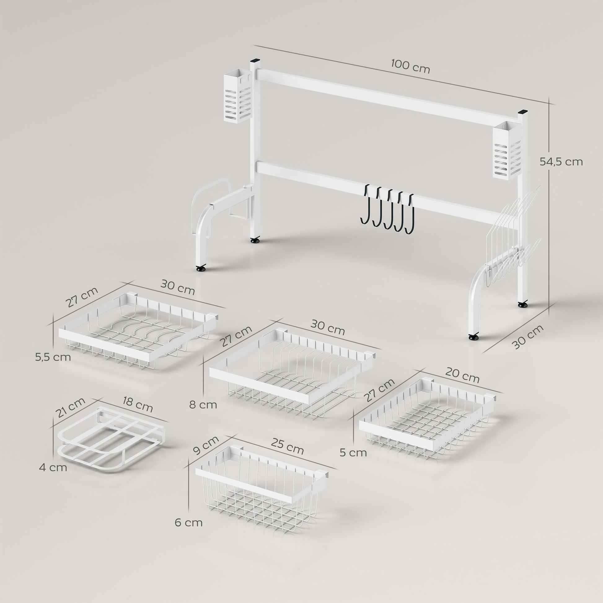 Over Sink Dish Drying Rack 2 Tier Steel Dish Drainer with Cutting Board Holder Cutlery Organizer 100x30x54.5 cm White