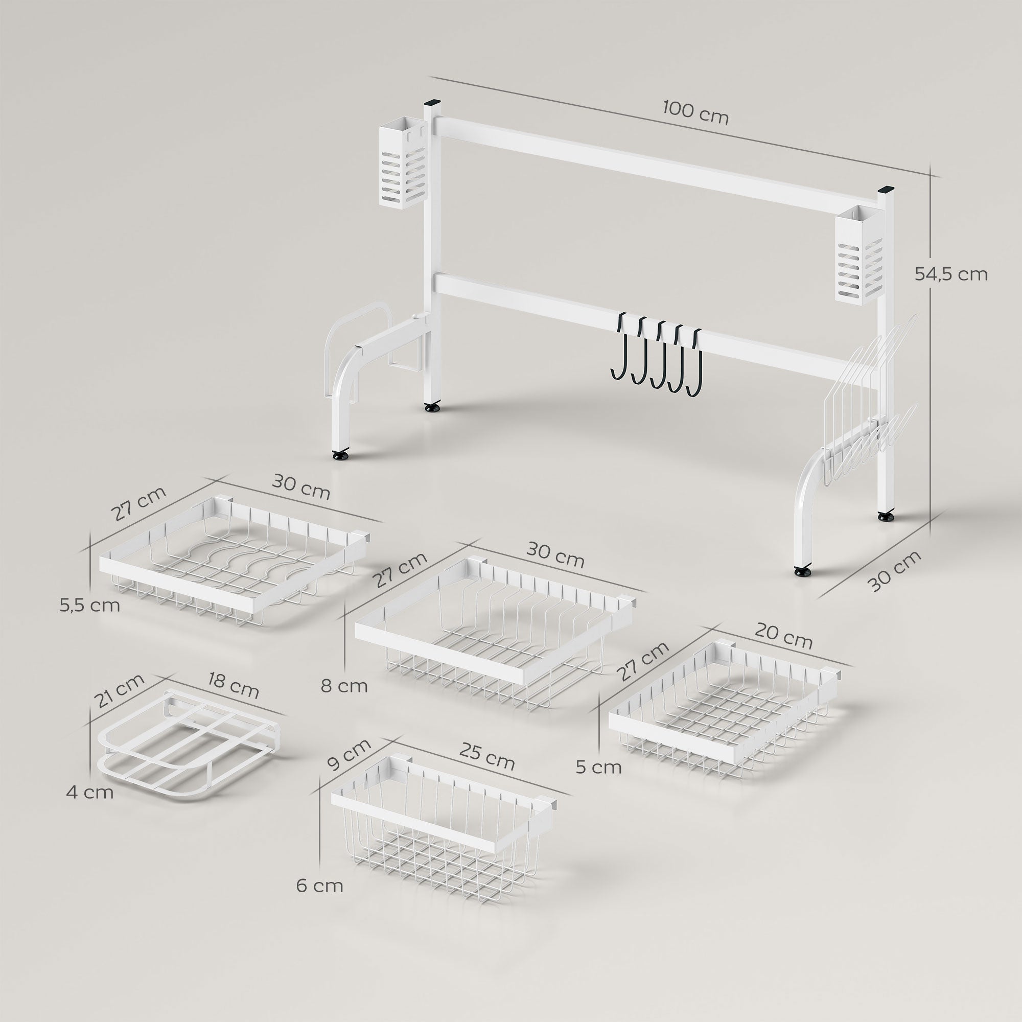 Over Sink Dish Drying Rack 2 Tier Steel Dish Drainer with Cutting Board Holder Cutlery Organizer 100x30x54.5 cm White
