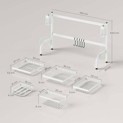 Over Sink Dish Drying Rack 2 Tier Steel Dish Drainer with Cutting Board Holder Cutlery Organizer 100x30x54.5 cm White