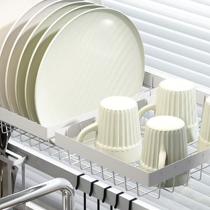 Over Sink Dish Drying Rack 2 Tier Steel Dish Drainer with Cutting Board Holder Cutlery Organizer 100x30x54.5 cm White