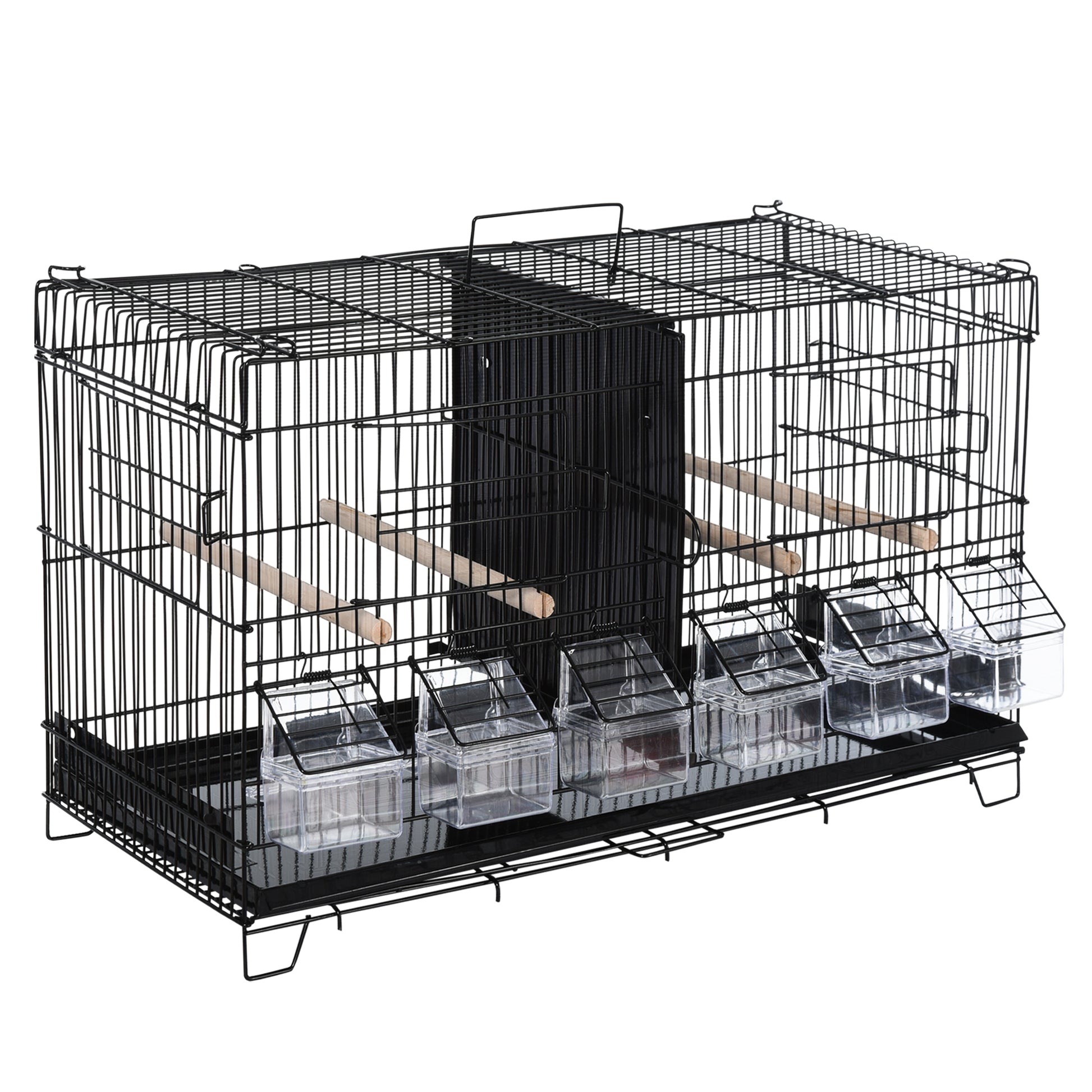 Bird Cage with Divider Aviary with Top Hooks Doors Feeders Perches and Removable Tray for Canaries Parakeets 59.5x26.5x39.5 cm Black