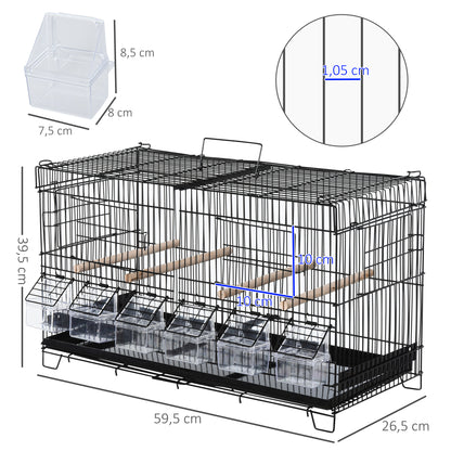 Bird Cage with Divider Aviary with Top Hooks Doors Feeders Perches and Removable Tray for Canaries Parakeets 59.5x26.5x39.5 cm Black