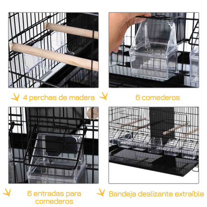 Bird Cage with Divider Aviary with Top Hooks Doors Feeders Perches and Removable Tray for Canaries Parakeets 59.5x26.5x39.5 cm Black