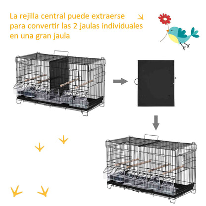Bird Cage with Divider Aviary with Top Hooks Doors Feeders Perches and Removable Tray for Canaries Parakeets 59.5x26.5x39.5 cm Black