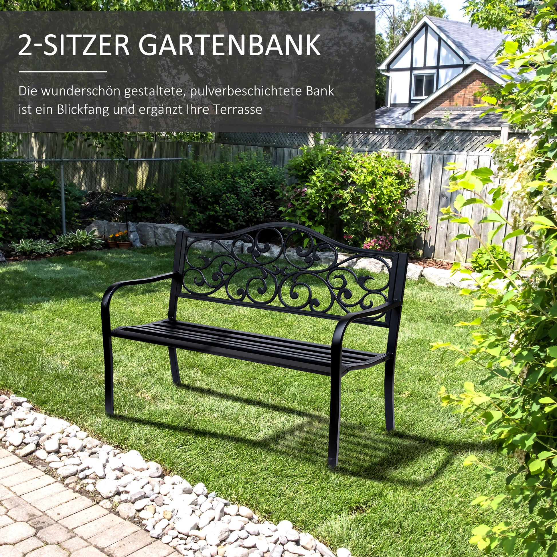 2-Seater Garden Bench Park Bench with Extendable Table Seat Bench 240kg Load Capacity Patio Bench with Backrest & Armrests Garden Furniture for Terrace, Garden Outdoor Area 150x58.5x90 cm Black