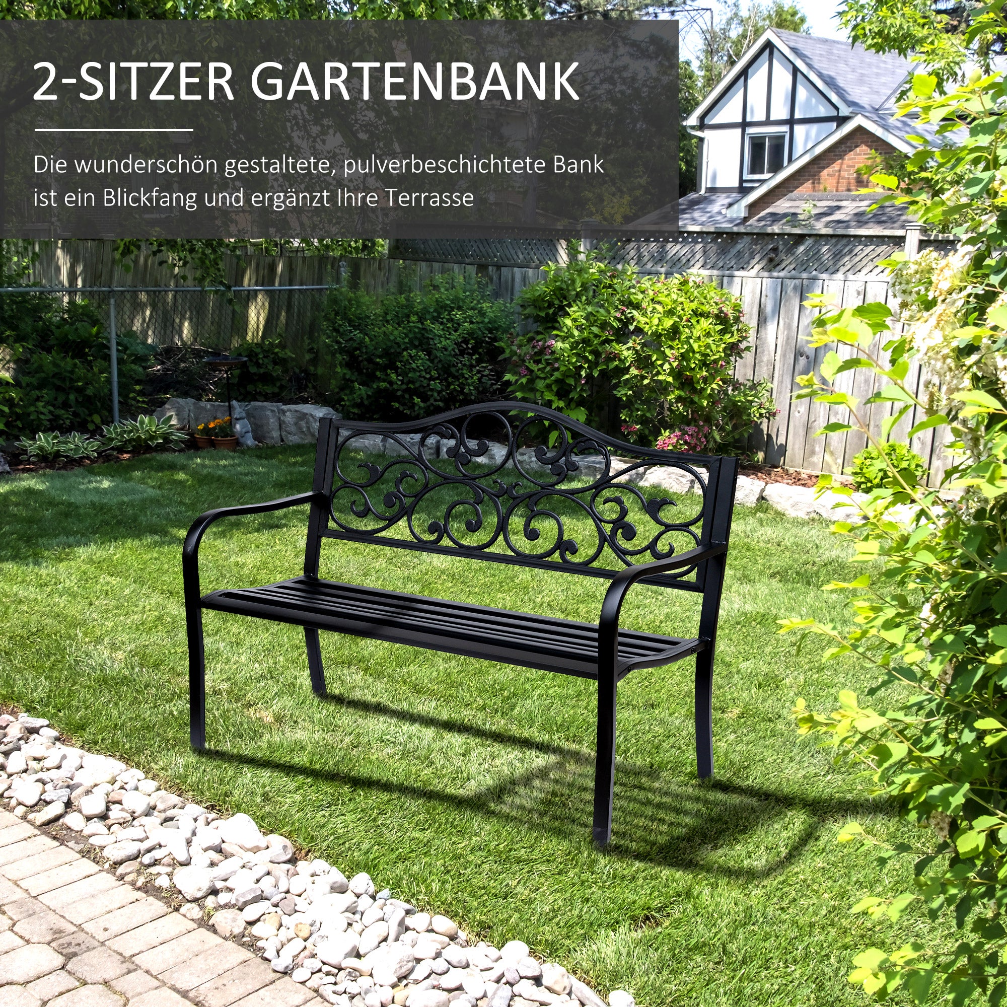 2-Seater Garden Bench Park Bench with Extendable Table Seat Bench 240kg Load Capacity Patio Bench with Backrest & Armrests Garden Furniture for Terrace, Garden Outdoor Area 150x58.5x90 cm Black