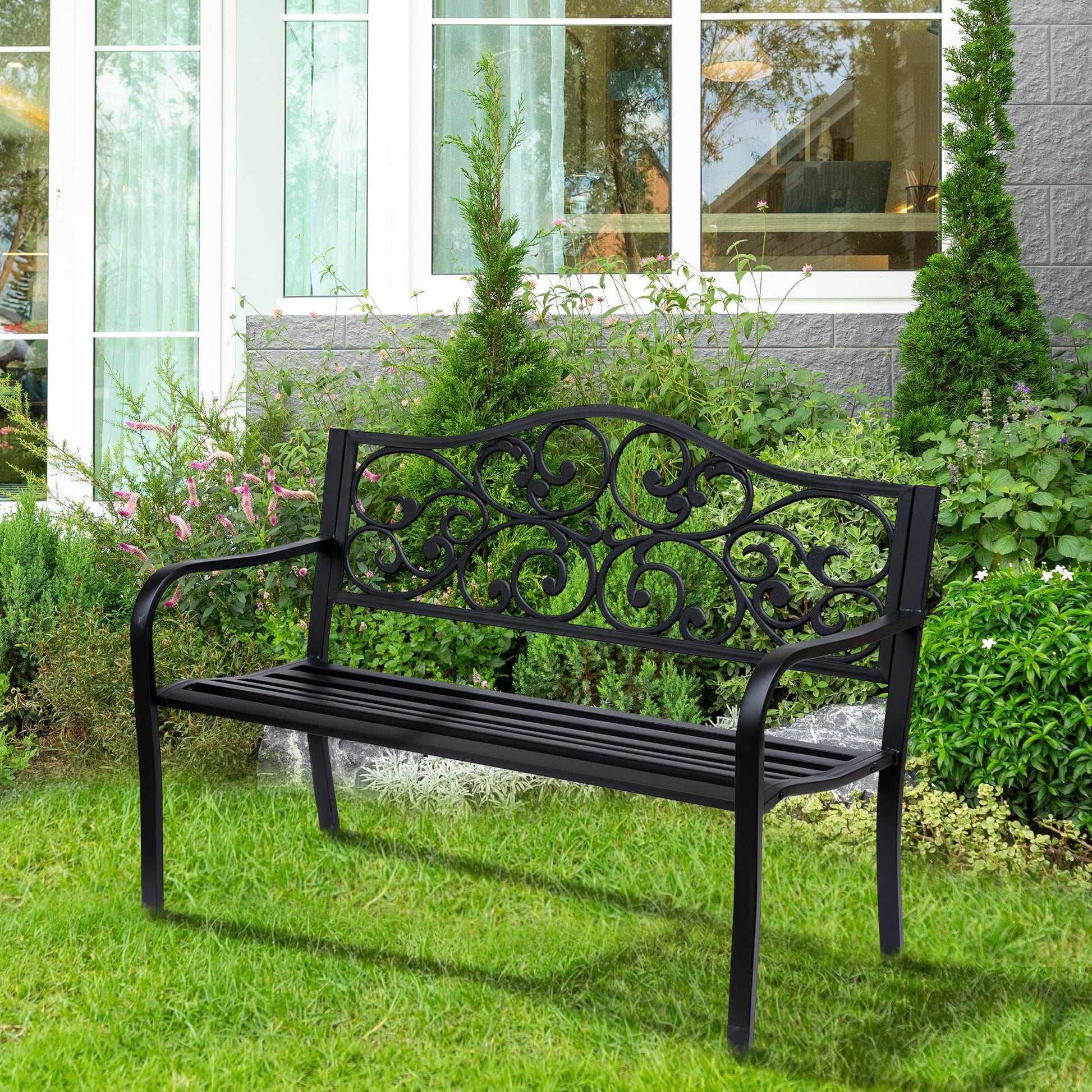 2-Seater Garden Bench Park Bench with Extendable Table Seat Bench 240kg Load Capacity Patio Bench with Backrest & Armrests Garden Furniture for Terrace, Garden Outdoor Area 150x58.5x90 cm Black