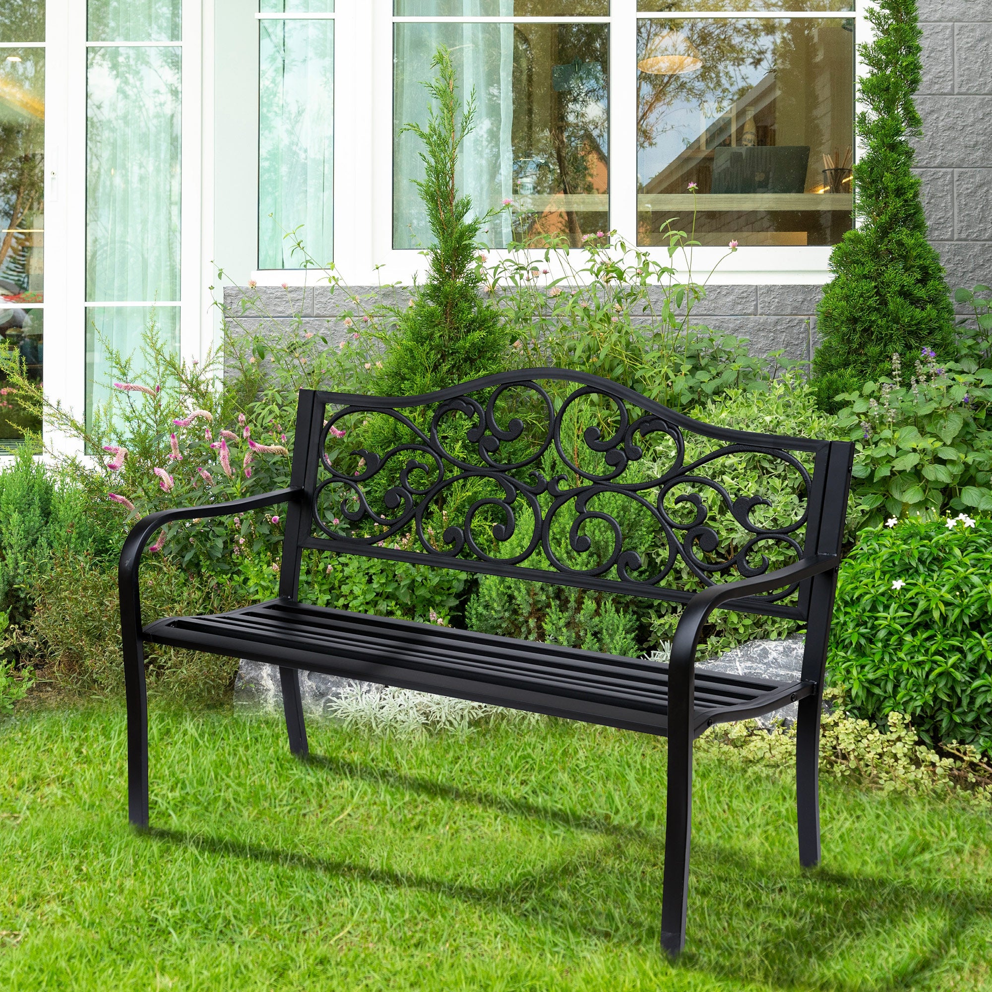 2-Seater Garden Bench Park Bench with Extendable Table Seat Bench 240kg Load Capacity Patio Bench with Backrest & Armrests Garden Furniture for Terrace, Garden Outdoor Area 150x58.5x90 cm Black