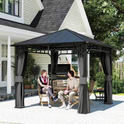 3 x 3 m Waterproof Garden Gazebo — Galvanized Metal Hardtop, Curtains & Mosquito Net, Ceiling Hook, Dark Gray