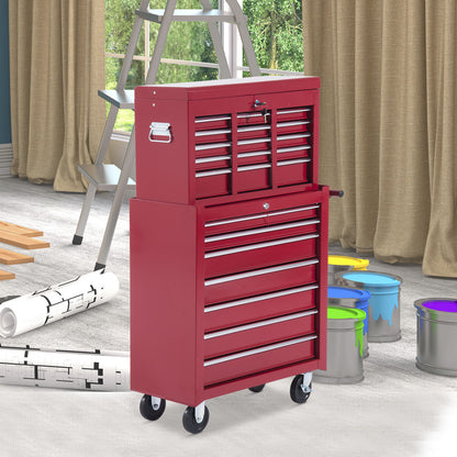Tool Trolley with Tool Box, Lockable Tool Cart with Drawers, Tool Compartment, Keys, and Anti-slip Mats, Red