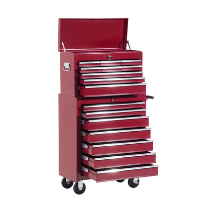 Tool Trolley with Tool Box, Lockable Tool Cart with Drawers, Tool Compartment, Keys, and Anti-slip Mats, Red