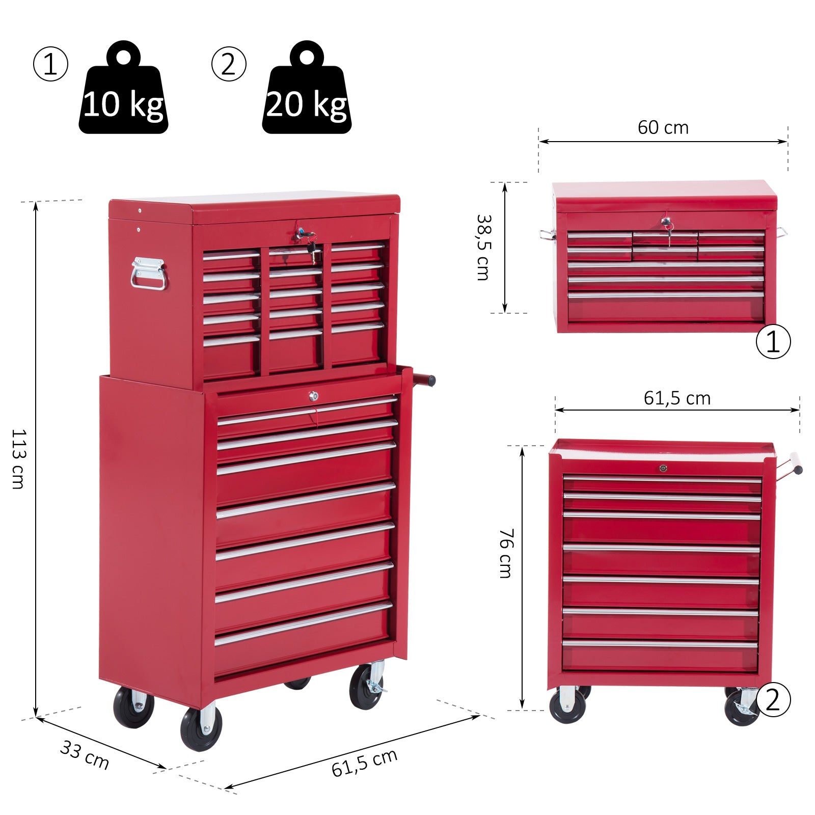 Tool Trolley with Tool Box, Lockable Tool Cart with Drawers, Tool Compartment, Keys, and Anti-slip Mats, Red