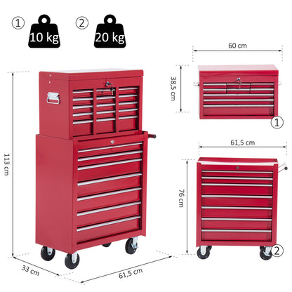 Tool Trolley with Tool Box, Lockable Tool Cart with Drawers, Tool Compartment, Keys, and Anti-slip Mats, Red