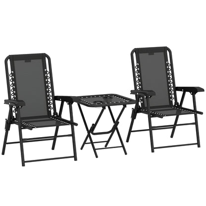 3-Piece Folding Bistro Set – Powder-Coated Steel, Black (2 Chairs + Table) with Cup Holders