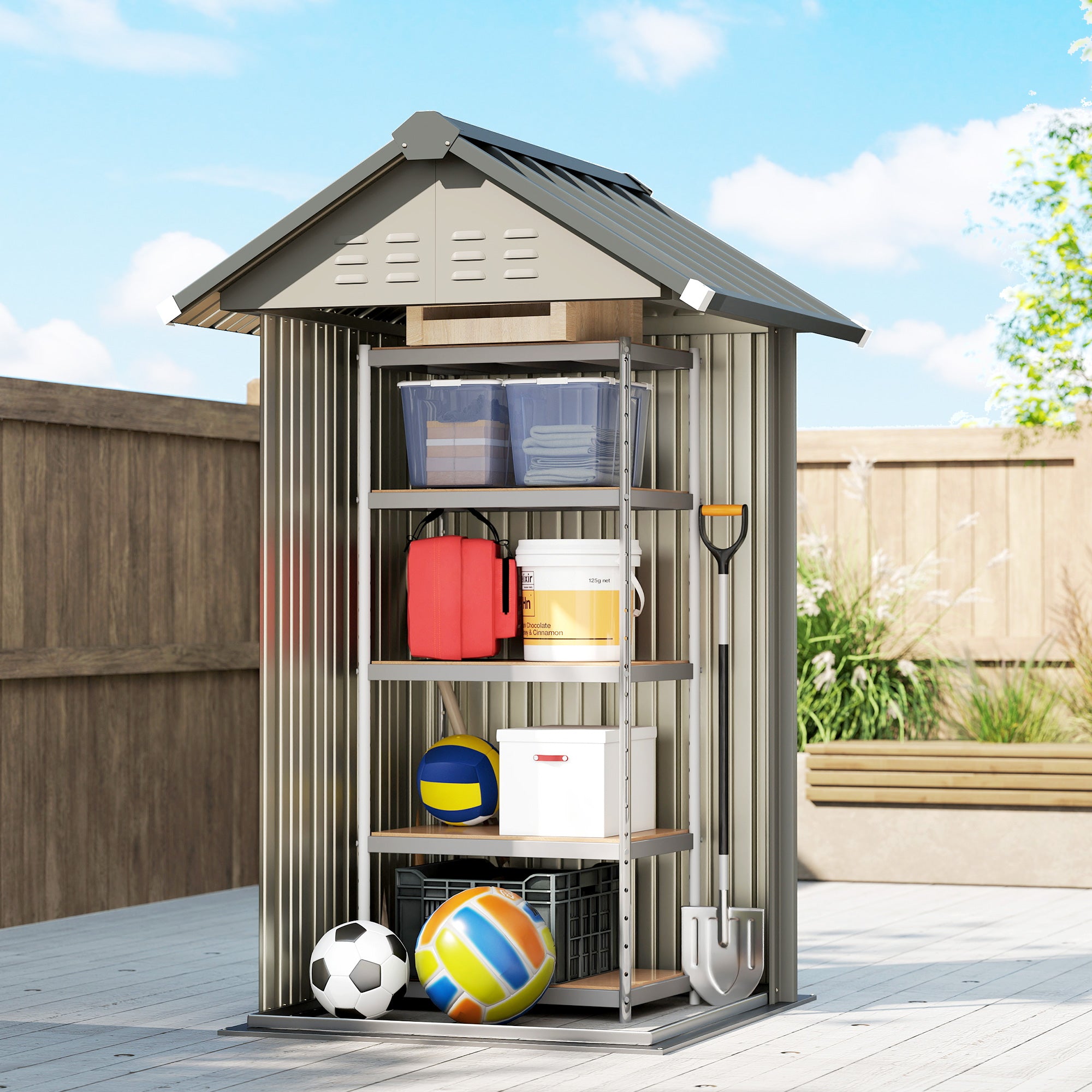 Galvanized Metal Garden Shed, 1.17 m² (12.6 ft²) – Ventilated, Lockable Storage with Gable Roof, Gloves Included, Light Gray