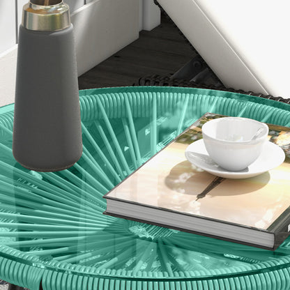 Round Garden Coffee Table in Rattan Effect Resin, Metal, and Tempered Glass Top Ø 50 x 50 cm Green