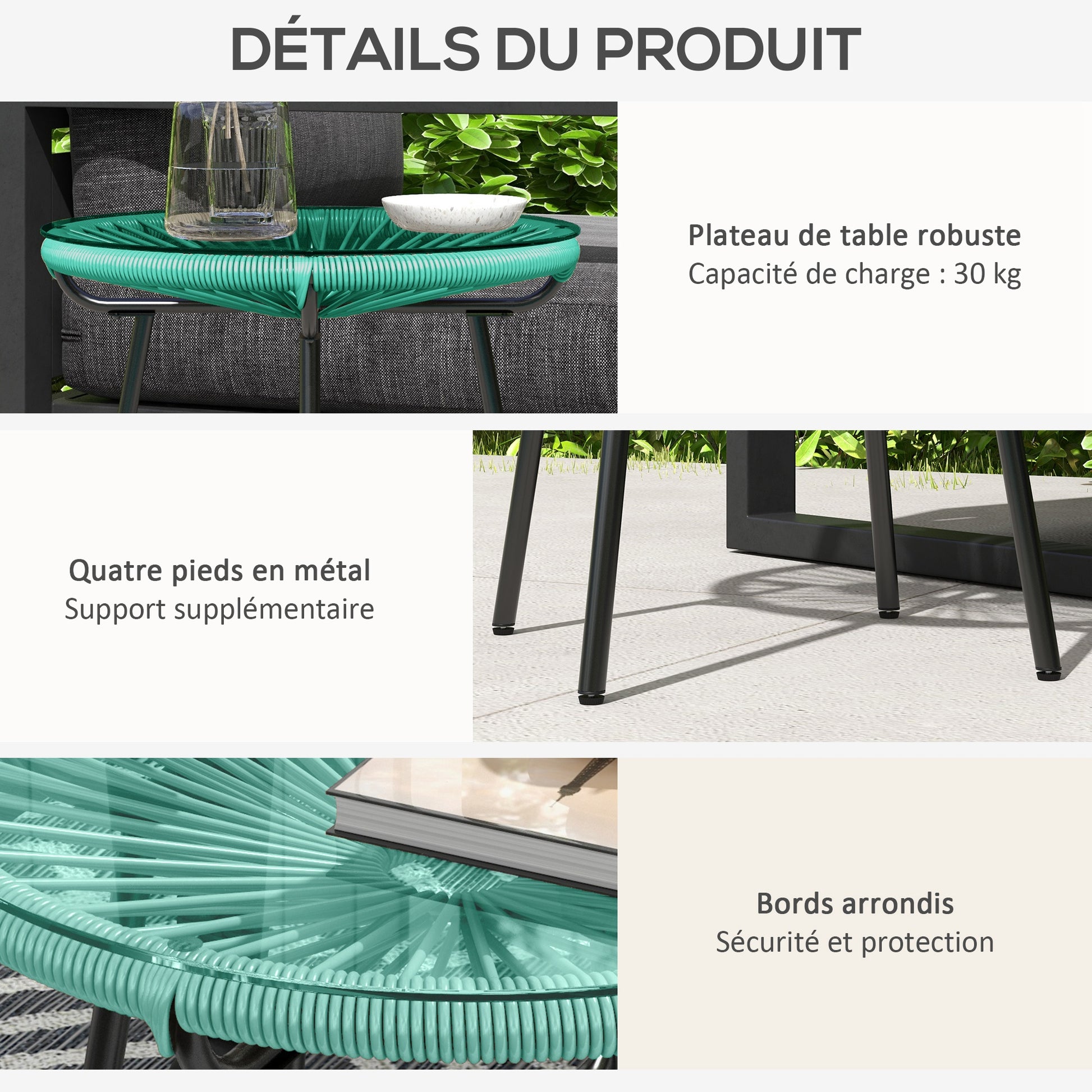 Round Garden Coffee Table in Rattan Effect Resin, Metal, and Tempered Glass Top Ø 50 x 50 cm Green