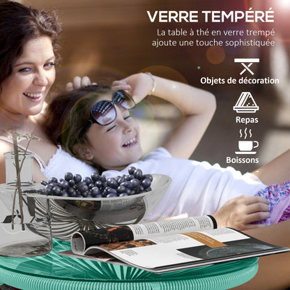 Round Garden Coffee Table in Rattan Effect Resin, Metal, and Tempered Glass Top Ø 50 x 50 cm Green