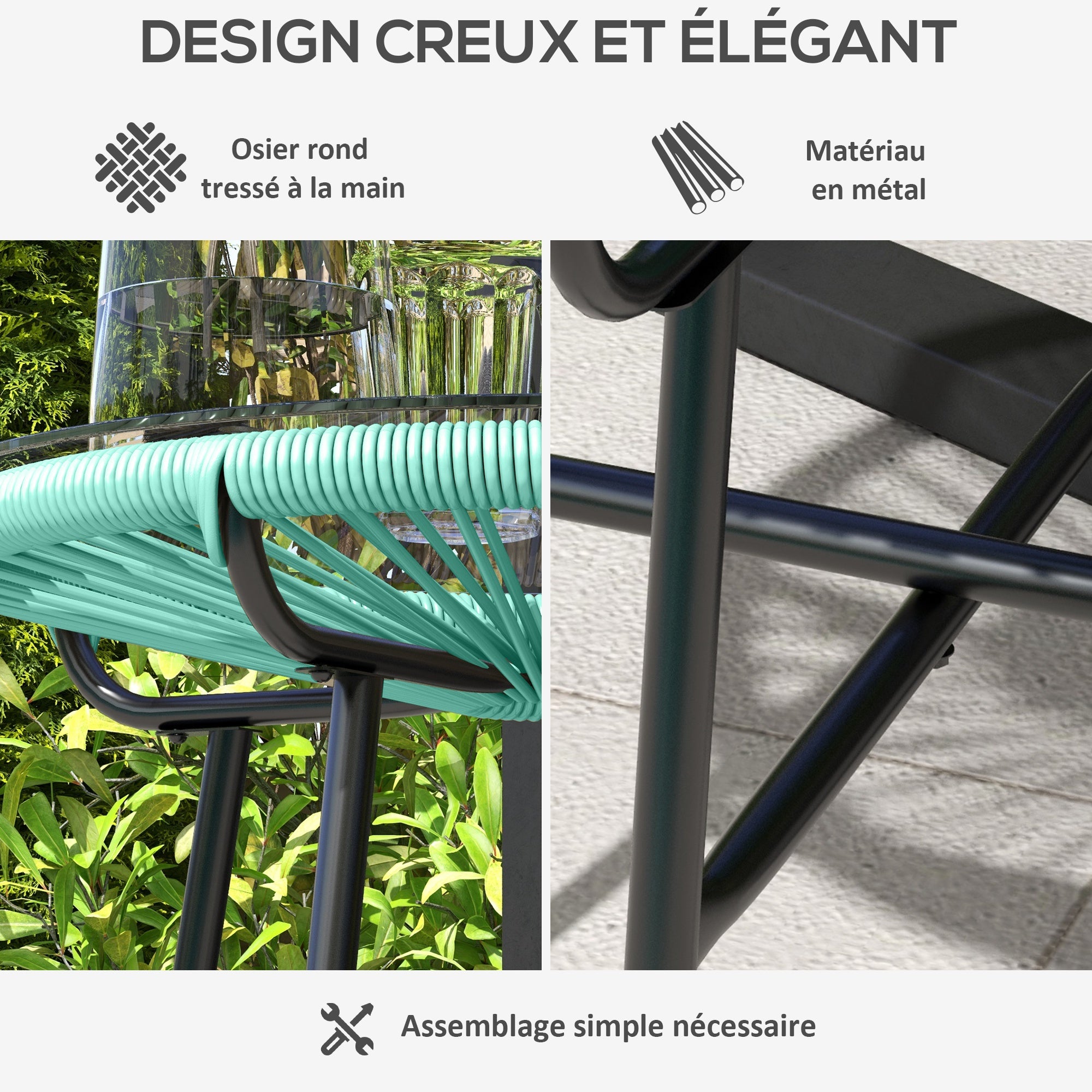 Round Garden Coffee Table in Rattan Effect Resin, Metal, and Tempered Glass Top Ø 50 x 50 cm Green