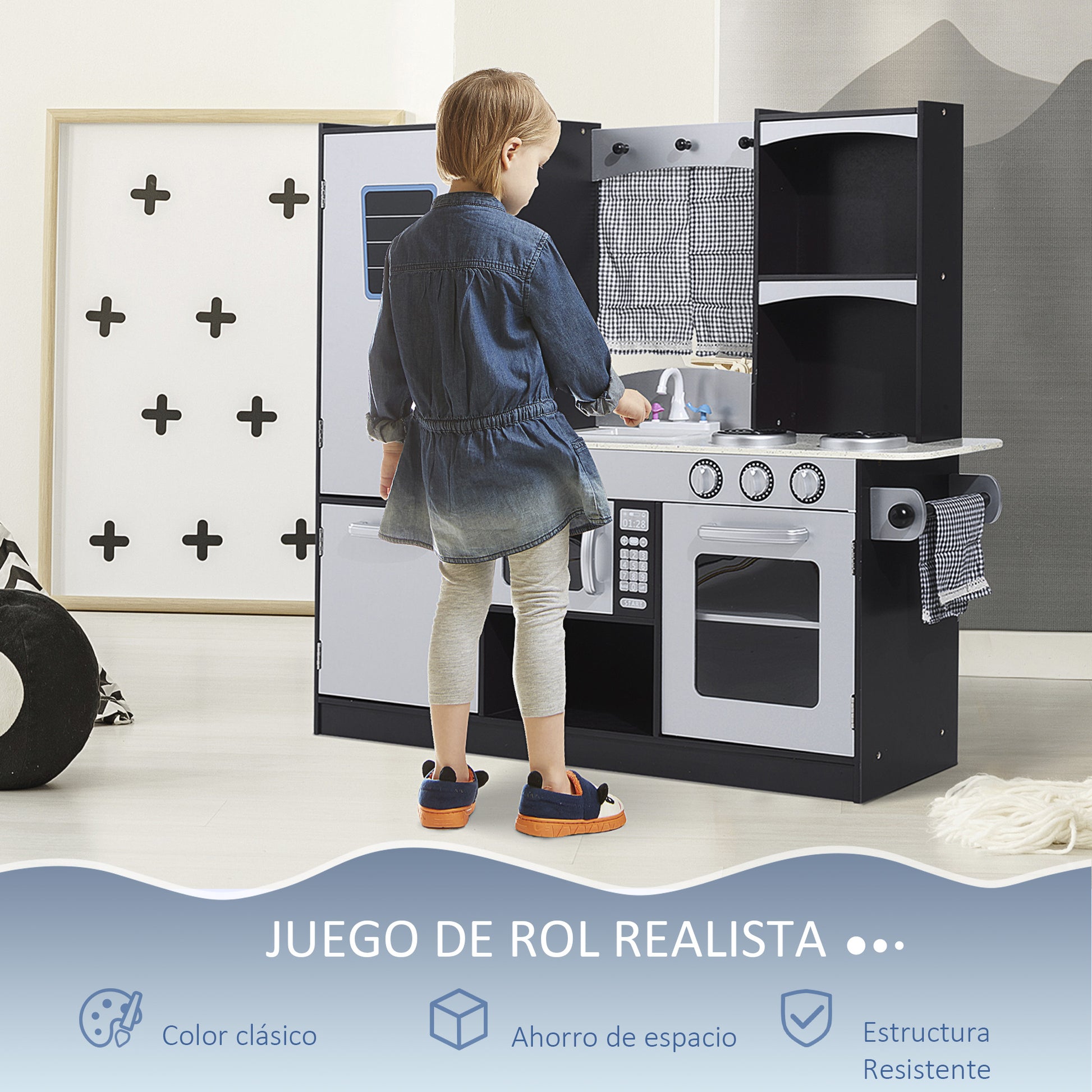 Large Wooden Play Kitchen for Kids over 3 Years Old with Accessories Children's Pretend Play Kitchen Microwave Oven Sink 105x31.5x95 cm Silver and Dark Brown