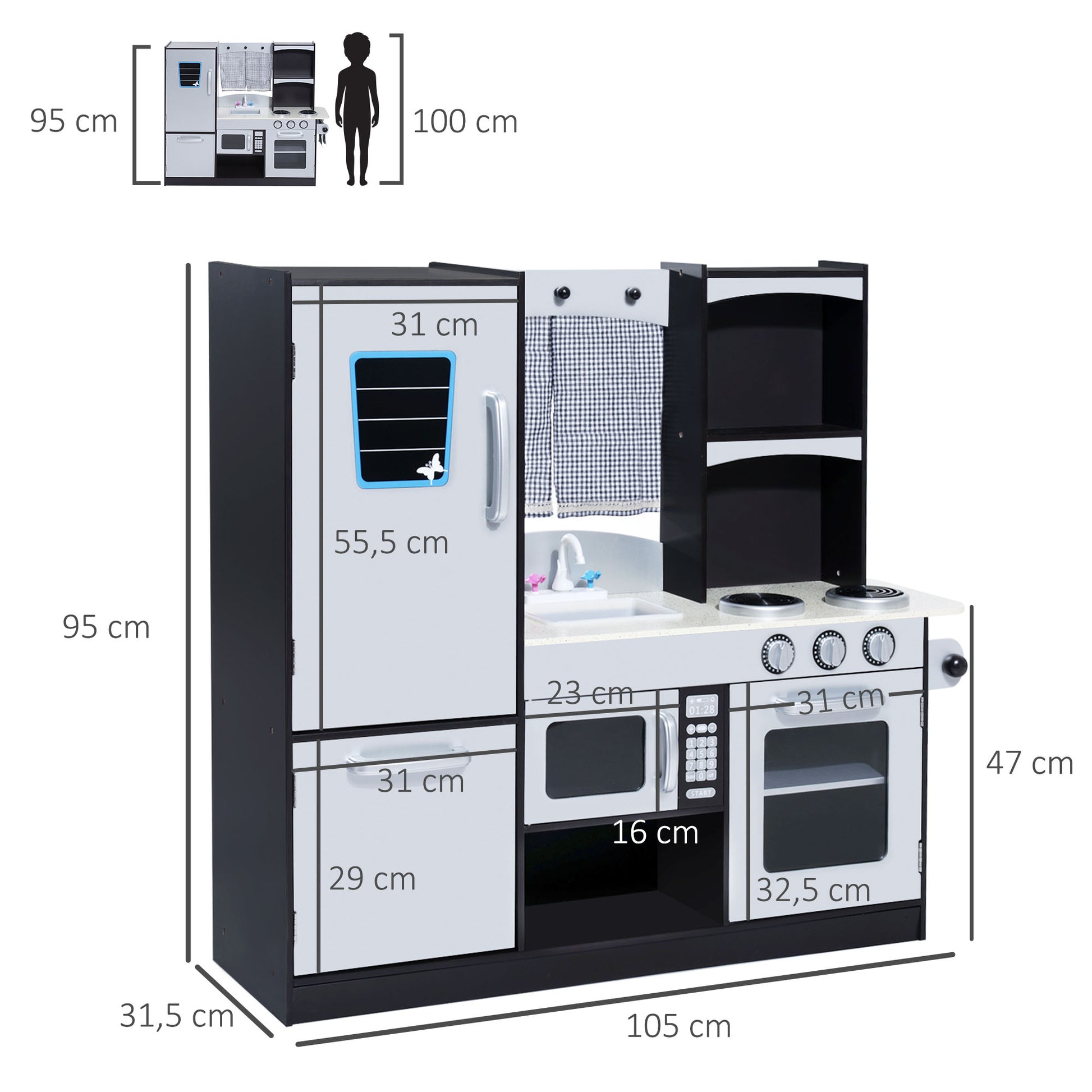 Large Wooden Play Kitchen for Kids over 3 Years Old with Accessories Children's Pretend Play Kitchen Microwave Oven Sink 105x31.5x95 cm Silver and Dark Brown