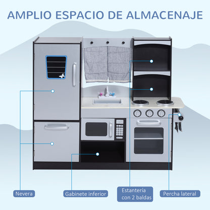 Large Wooden Play Kitchen for Kids over 3 Years Old with Accessories Children's Pretend Play Kitchen Microwave Oven Sink 105x31.5x95 cm Silver and Dark Brown