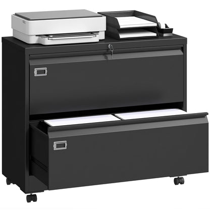 Mobile 2-Drawer Lockable Filing Cabinet with Adjustable Hanging Rails, Steel File Cabinet for Office & Home, Black, 35.4 x 15.7 x 30.5 in