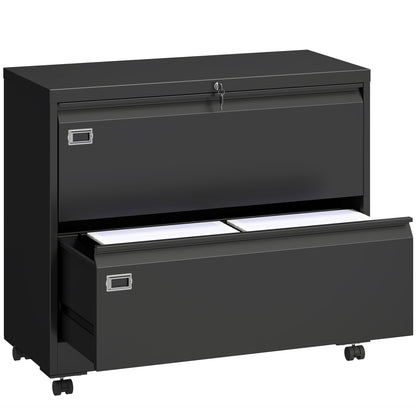 Mobile 2-Drawer Lockable Filing Cabinet with Adjustable Hanging Rails, Steel File Cabinet for Office & Home, Black, 35.4 x 15.7 x 30.5 in