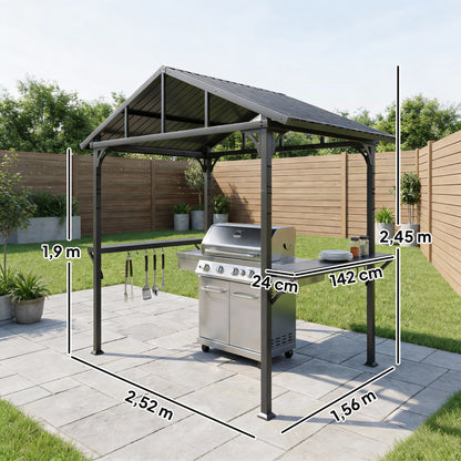 BBQ Shelter Gazebo 252 x 156 x 248 cm Steel Hard Top with 2 Side Shelves & Hooks — Outdoor Grill Canopy for Patio, Garden, Yard, Black