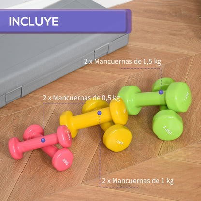 Set of 6 Hexagonal Dumbbells Total 6 kg 2x1.5 kg 2x1 kg and 2x0.5 kg with Neoprene Coating with Case 43x18x7.5 cm Multicolor