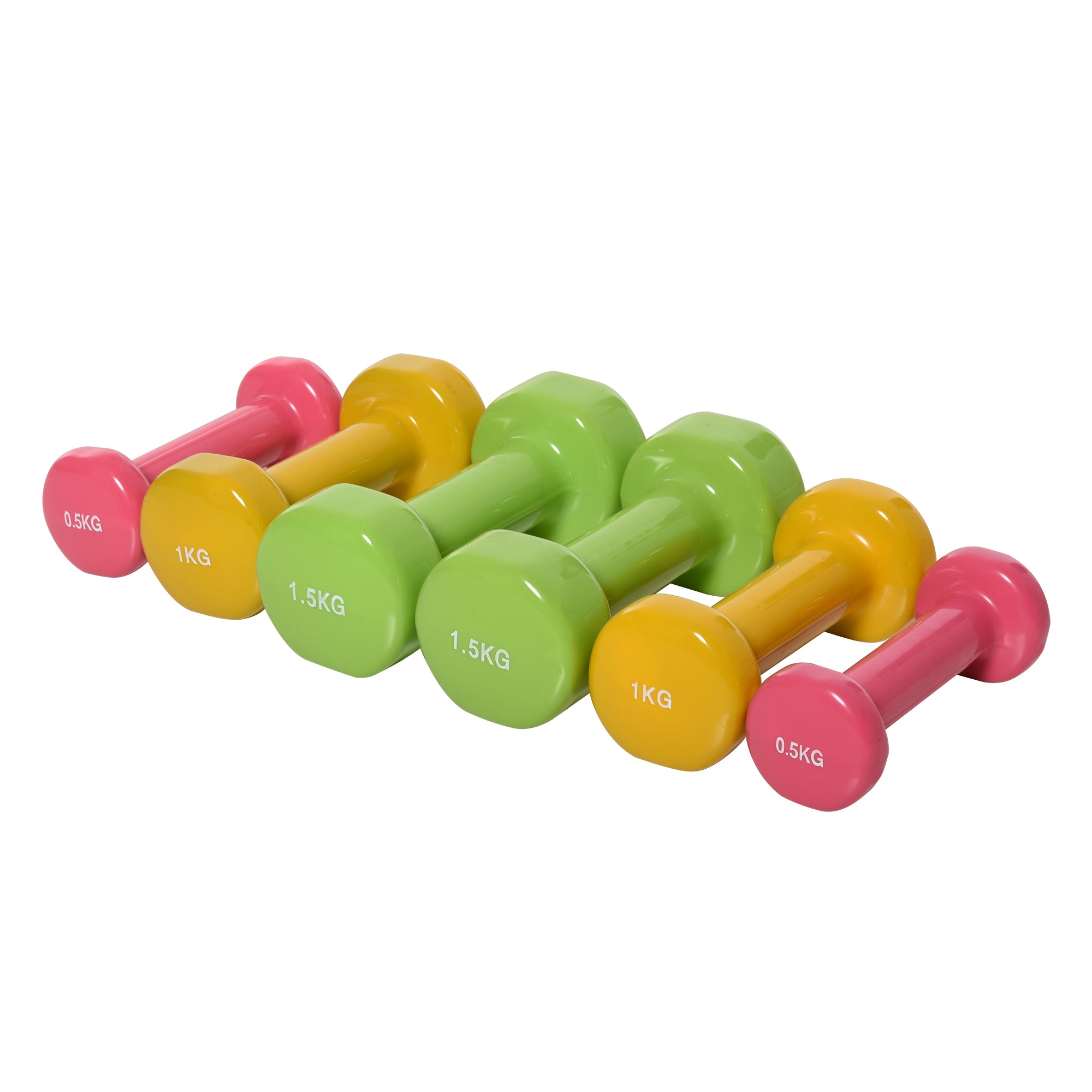 Set of 6 Hexagonal Dumbbells Total 6 kg 2x1.5 kg 2x1 kg and 2x0.5 kg with Neoprene Coating with Case 43x18x7.5 cm Multicolor