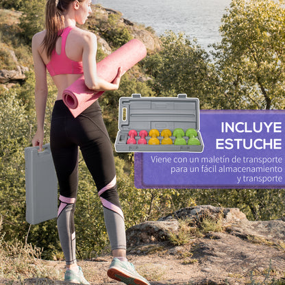 Set of 6 Hexagonal Dumbbells Total 6 kg 2x1.5 kg 2x1 kg and 2x0.5 kg with Neoprene Coating with Case 43x18x7.5 cm Multicolor