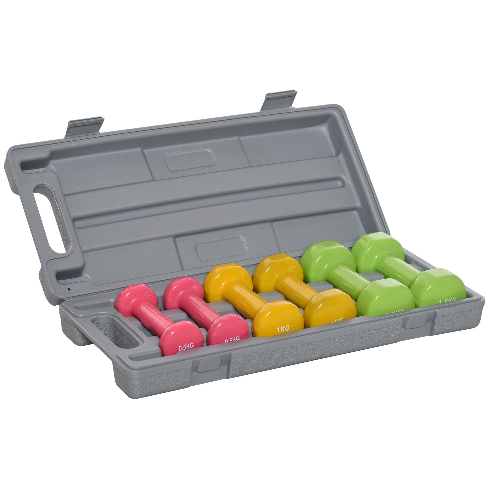 Set of 6 Hexagonal Dumbbells Total 6 kg 2x1.5 kg 2x1 kg and 2x0.5 kg with Neoprene Coating with Case 43x18x7.5 cm Multicolor