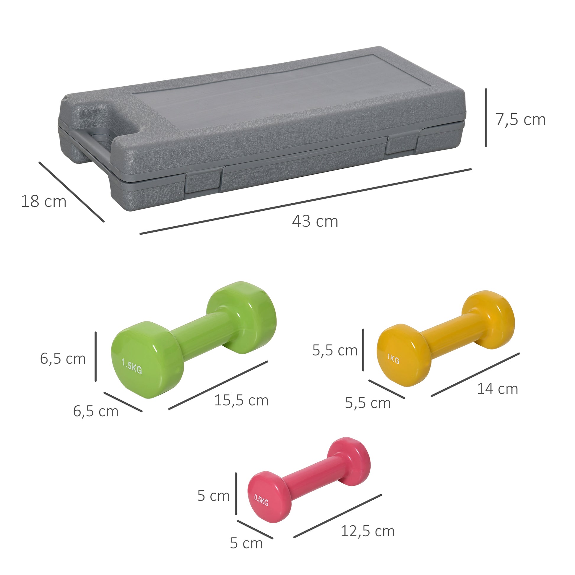 Set of 6 Hexagonal Dumbbells Total 6 kg 2x1.5 kg 2x1 kg and 2x0.5 kg with Neoprene Coating with Case 43x18x7.5 cm Multicolor