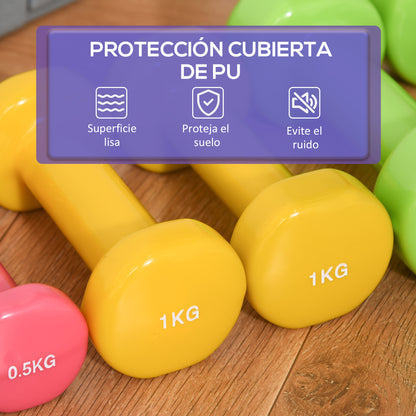 Set of 6 Hexagonal Dumbbells Total 6 kg 2x1.5 kg 2x1 kg and 2x0.5 kg with Neoprene Coating with Case 43x18x7.5 cm Multicolor