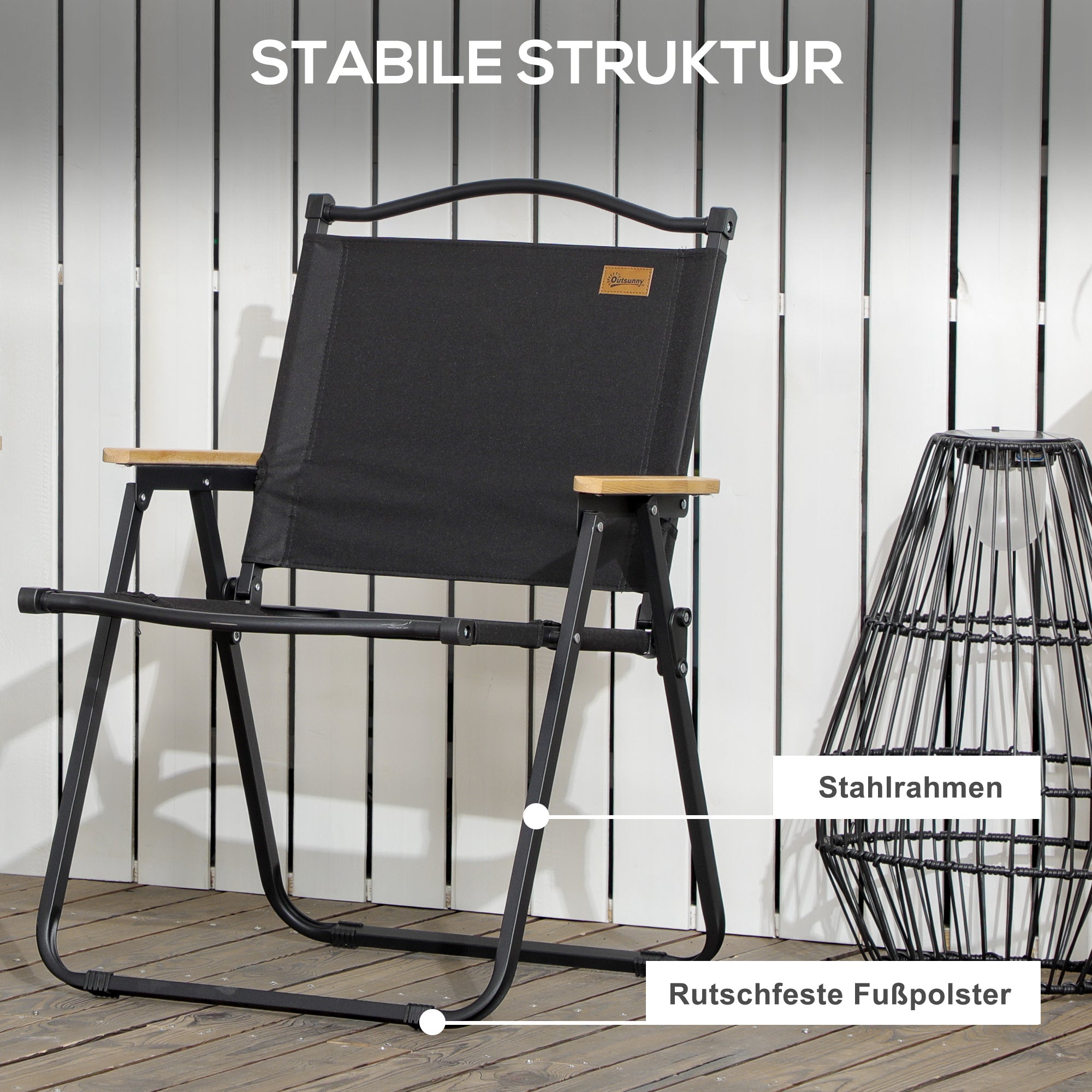 Camping Chair 2-Pack Foldable Garden Chair with Steel Frame, Wood Look, Folding Chair for Pool, Beach, Oxford, Black