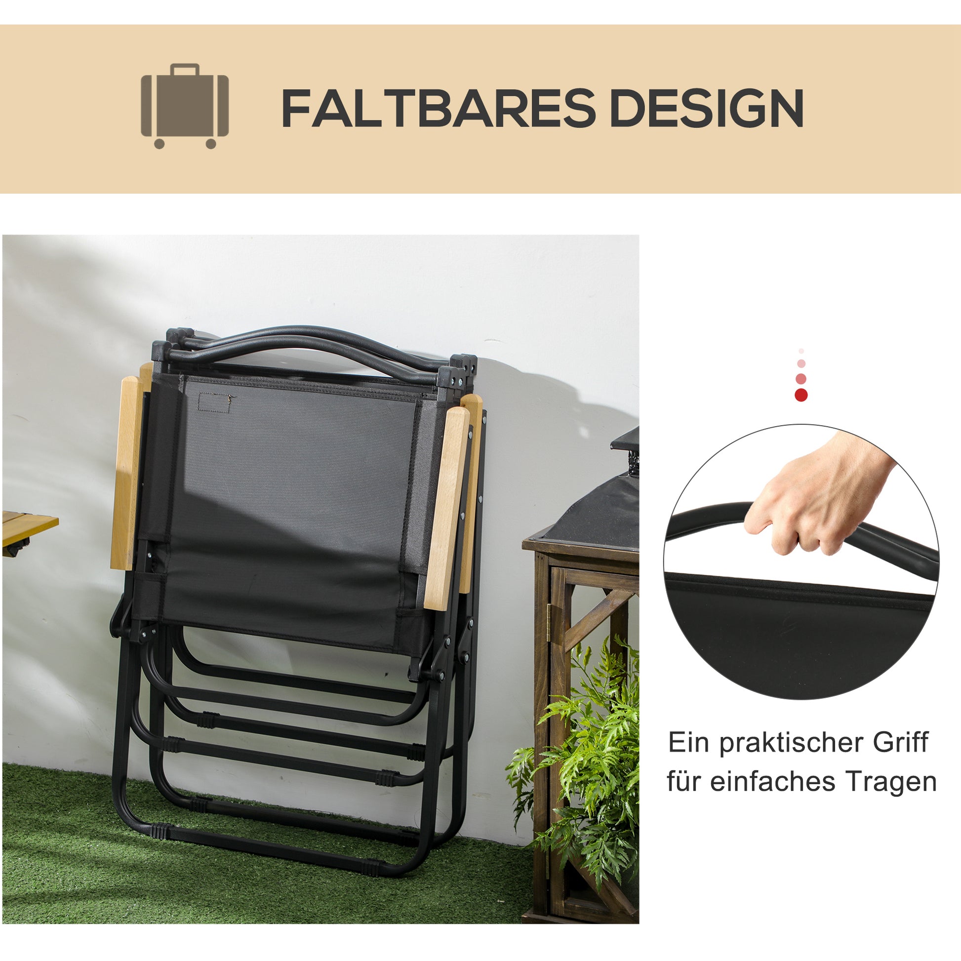 Camping Chair 2-Pack Foldable Garden Chair with Steel Frame, Wood Look, Folding Chair for Pool, Beach, Oxford, Black